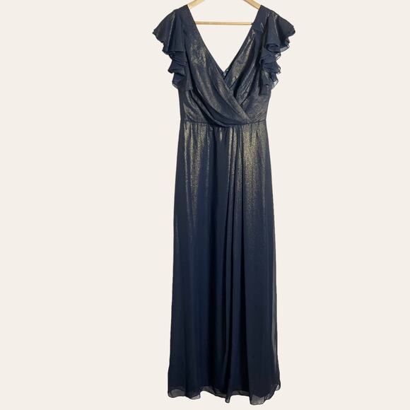 Dessy Collection 2874LS Midnight Gold Shimmer V Neck Wrap Maxi Dress Size 8 New - Picture 2 of 7